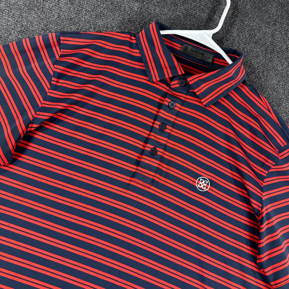 G/FORE Polo Shirt Mens L Large Navy Blue Red Striped Golf Performance